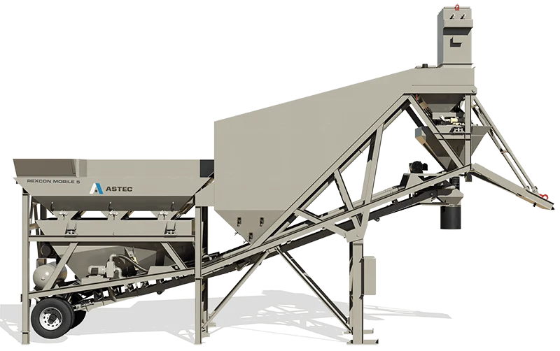 RexCon Mobile 5 side operating view showing conveyor and aggregate bin layout